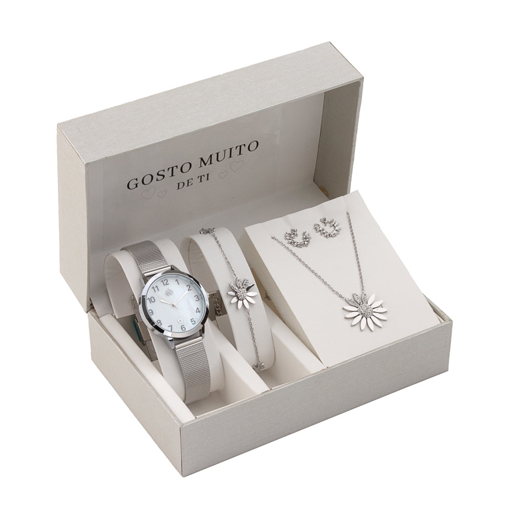 Conjunto 4 Peças Flor com Zircónia Gosto Muito de Ti | Aço Inoxidável | Coleção Stellara