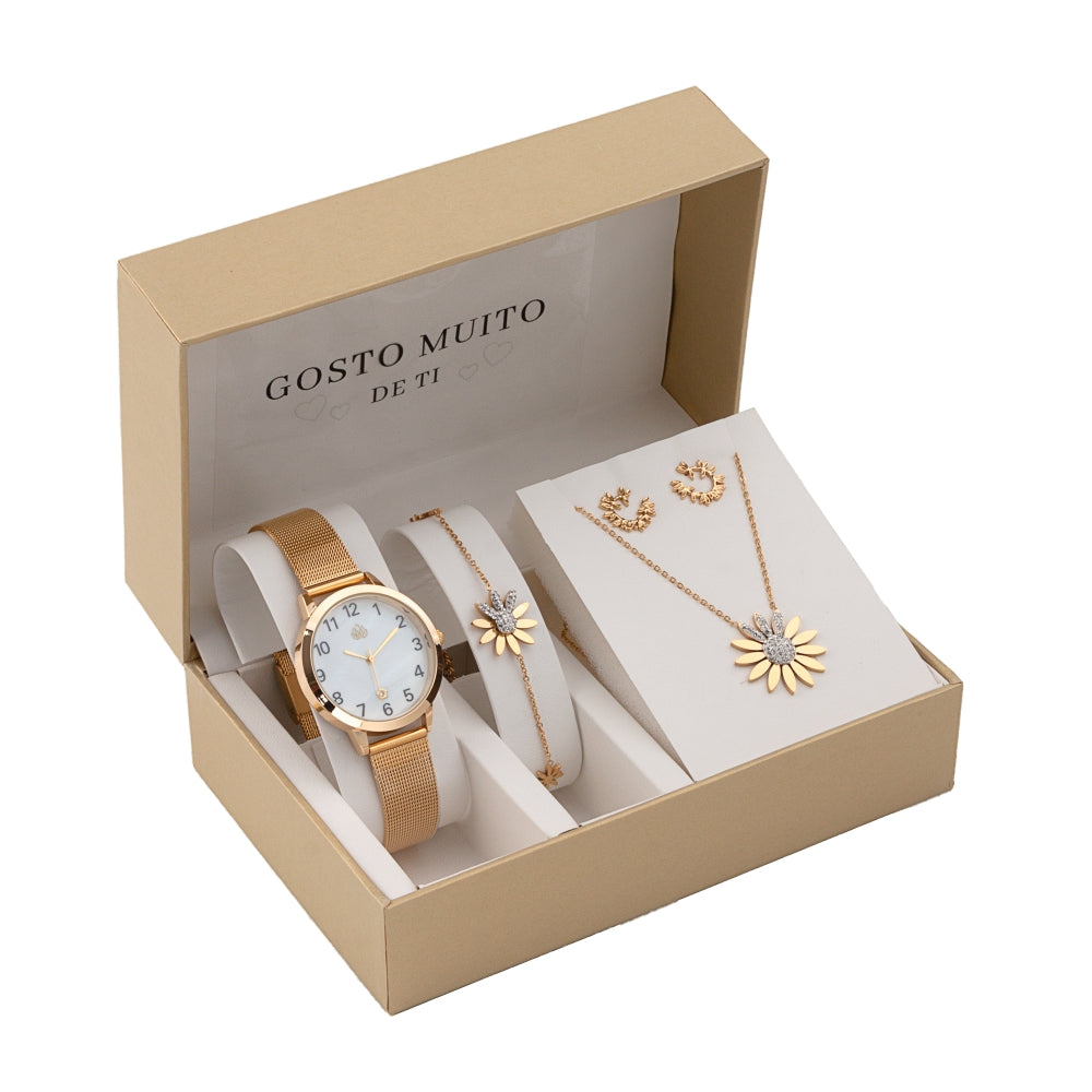 Conjunto 4 Peças Flor com Zircónia Gosto Muito de Ti | Aço Inoxidável | Coleção Stellara