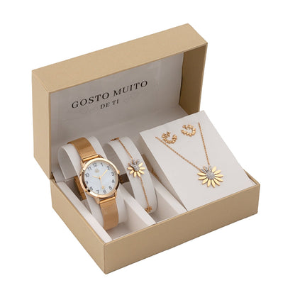 Conjunto 4 Peças Flor com Zircónia Gosto Muito de Ti | Aço Inoxidável | Coleção Stellara