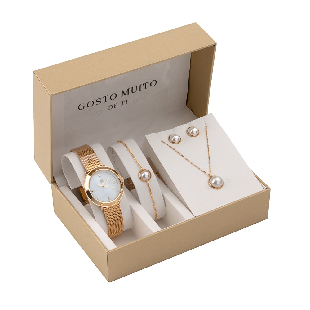 Conjunto 4 Peças Pérolas 4 Gosto Muito de Ti | Aço Inoxidável | Coleção Stellara