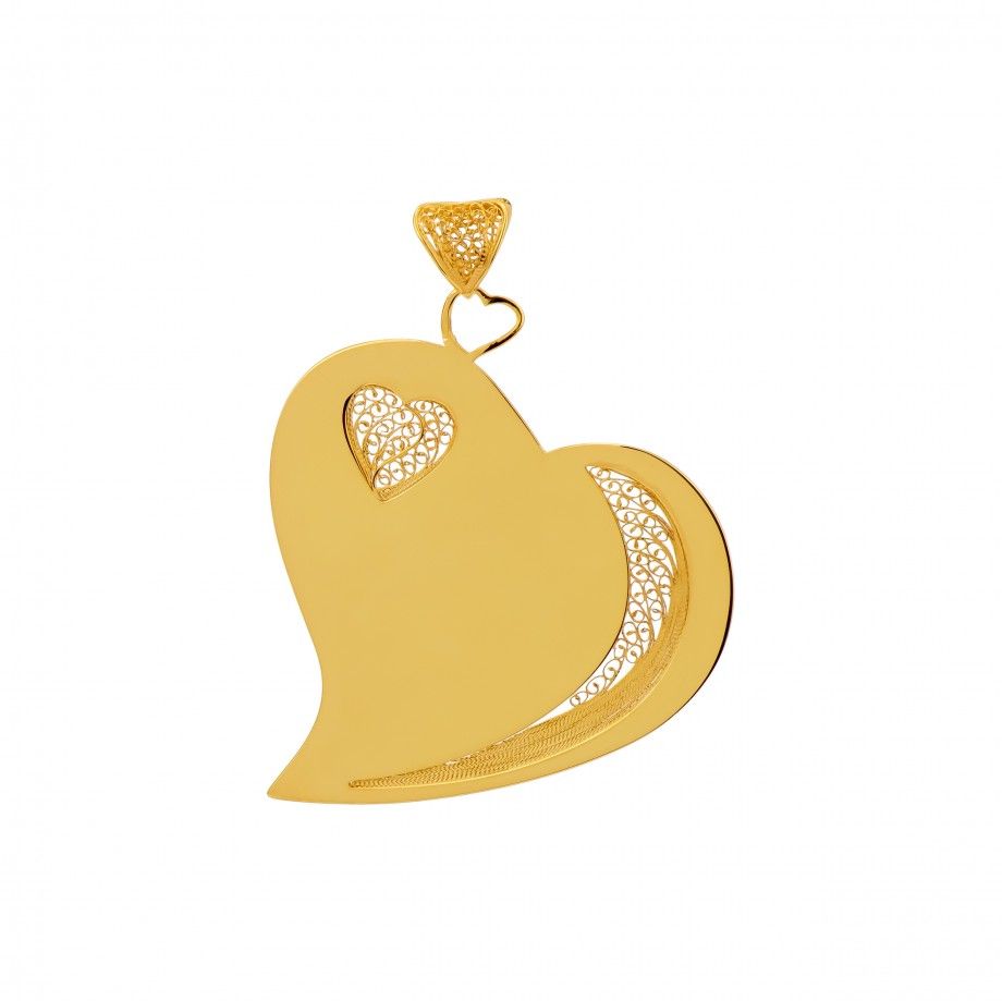 Carmo Joalheiros pendente coração grande dourado com filigrana delicada e acabamento polido
