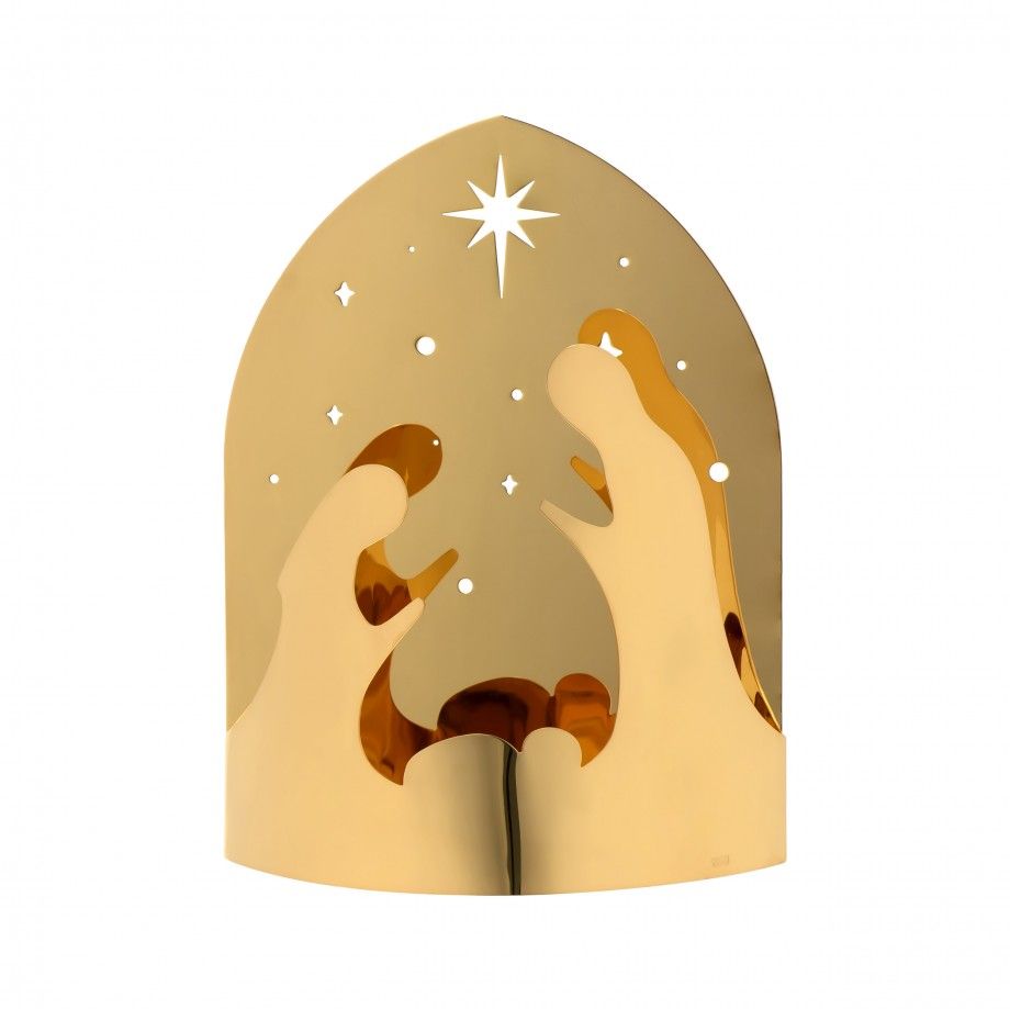 presépio dourado decorativo em metal polido por Carmo Joalheiros com forma de arco e figuras minimalistas