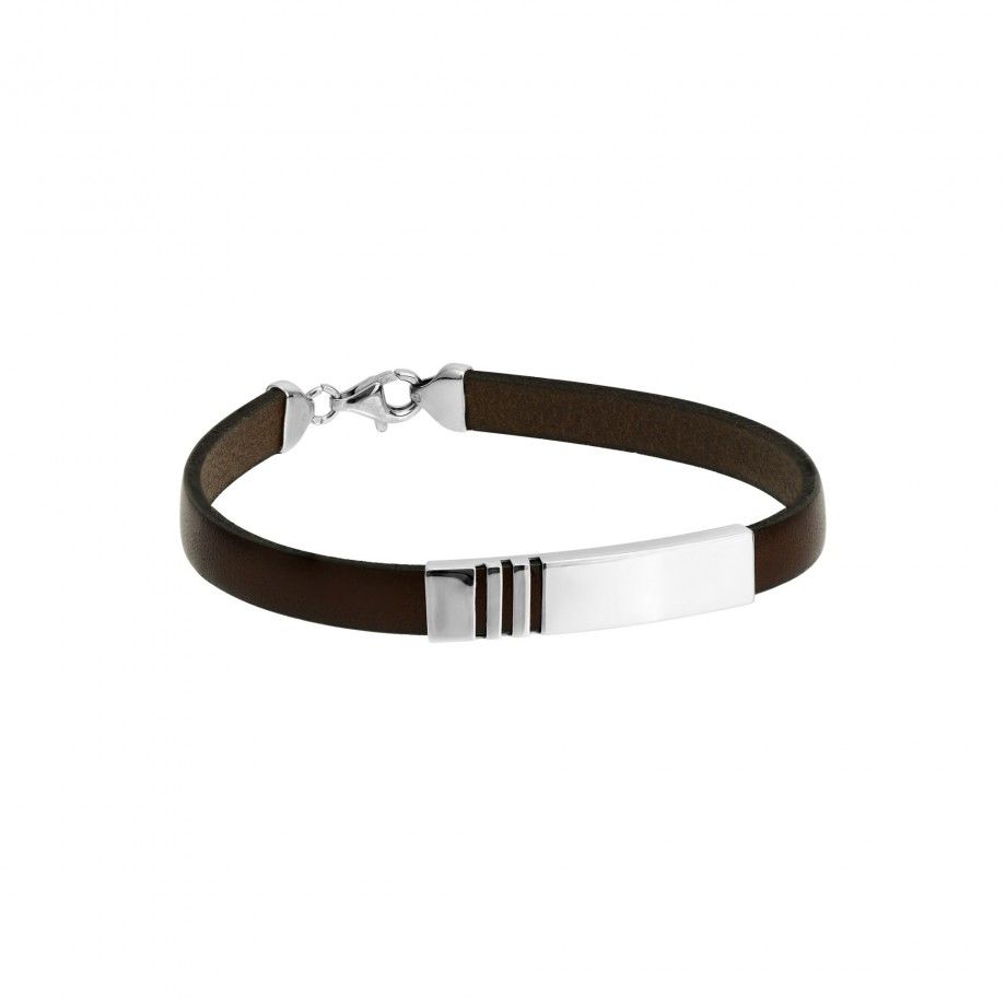 pulseira masculina prata Topázio 1874 em couro marrom com placa de prata retangular e fecho prateado