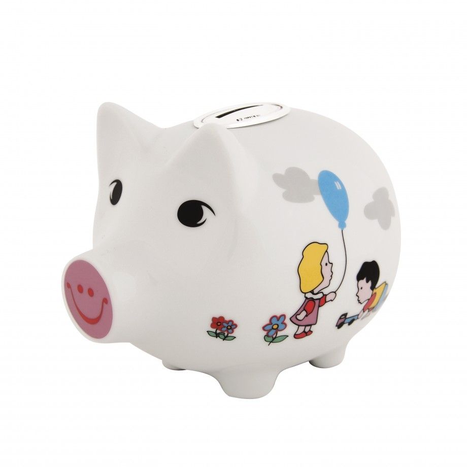 Topázio 1874 mealheiro porquinho infantil branco em cerâmica com desenho de crianças e balão