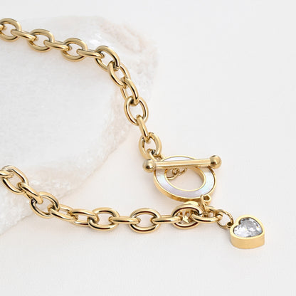 Colar Elos com Madrepérola e Coração | Aço Inoxidável | Coleção Stellara