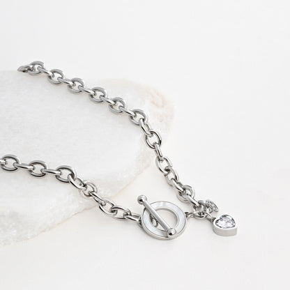 Colar Elos com Madrepérola e Coração | Aço Inoxidável | Coleção Stellara